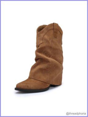 Women's Slouchy Cowboy Boots Pointed Toe Embroidered Mid Calf Chunky Heel